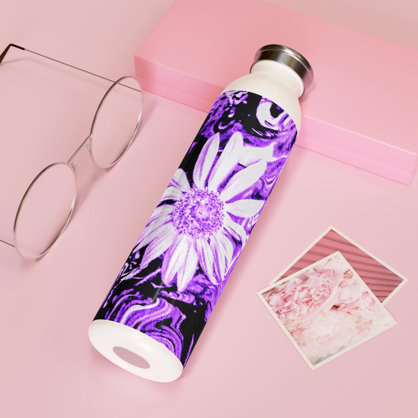 Purple Floral Slim Water Bottle, Eco-Friendly Reusable Hydration, Gift for Her, Gym Accessory, Nature Lover's Bottle