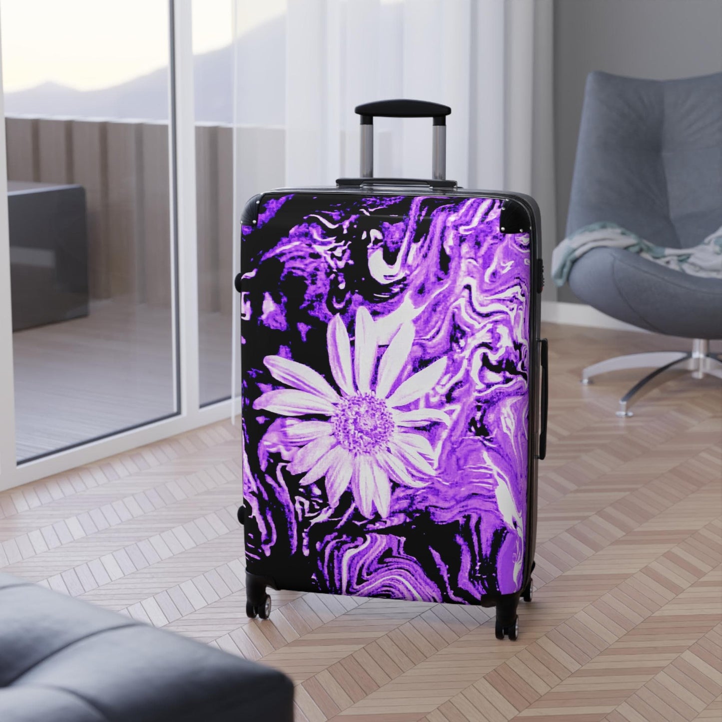 Elegant Floral Travel Suitcase - Stylish Luggage with Purple Daisy Design, Travel Bag for Women, Vacation Essentials, Gift Idea