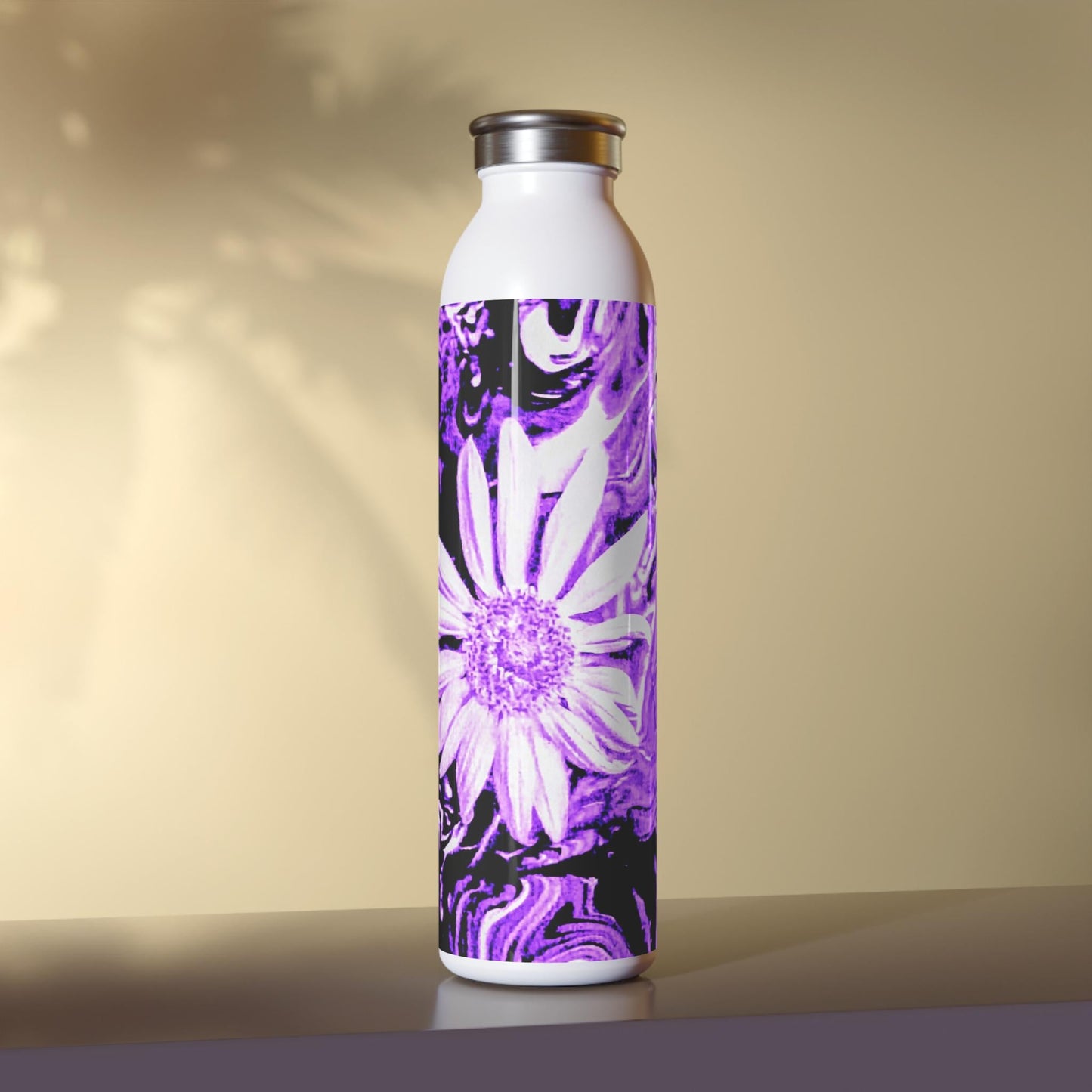 Purple Floral Slim Water Bottle, Eco-Friendly Reusable Hydration, Gift for Her, Gym Accessory, Nature Lover's Bottle