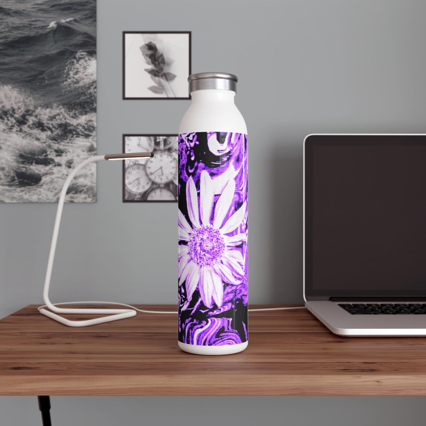 Purple Floral Slim Water Bottle, Eco-Friendly Reusable Hydration, Gift for Her, Gym Accessory, Nature Lover's Bottle